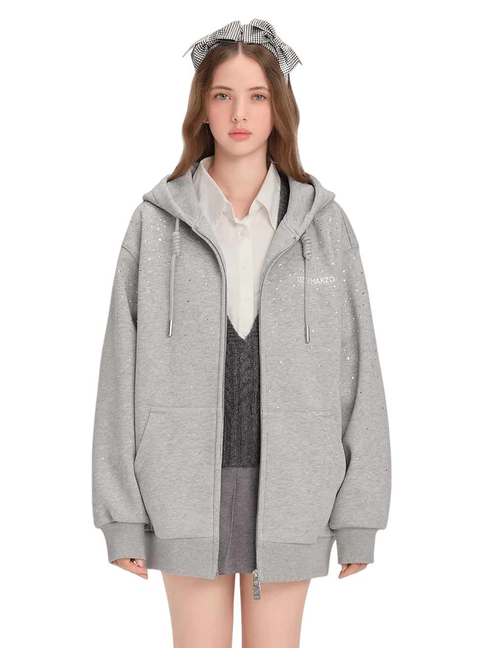Faux-Diamond Embellished Relaxed Hoodie Jacket