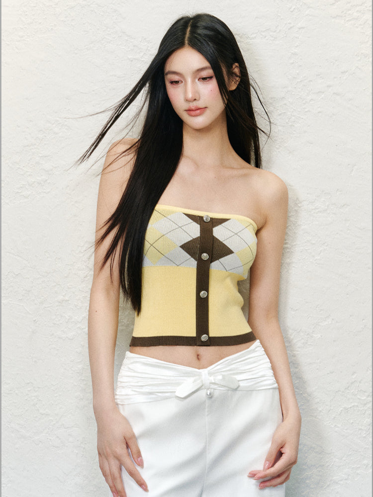 Diamond Color-Blocked Round Neck Knitted Cardigan Set - CHINASQUAD