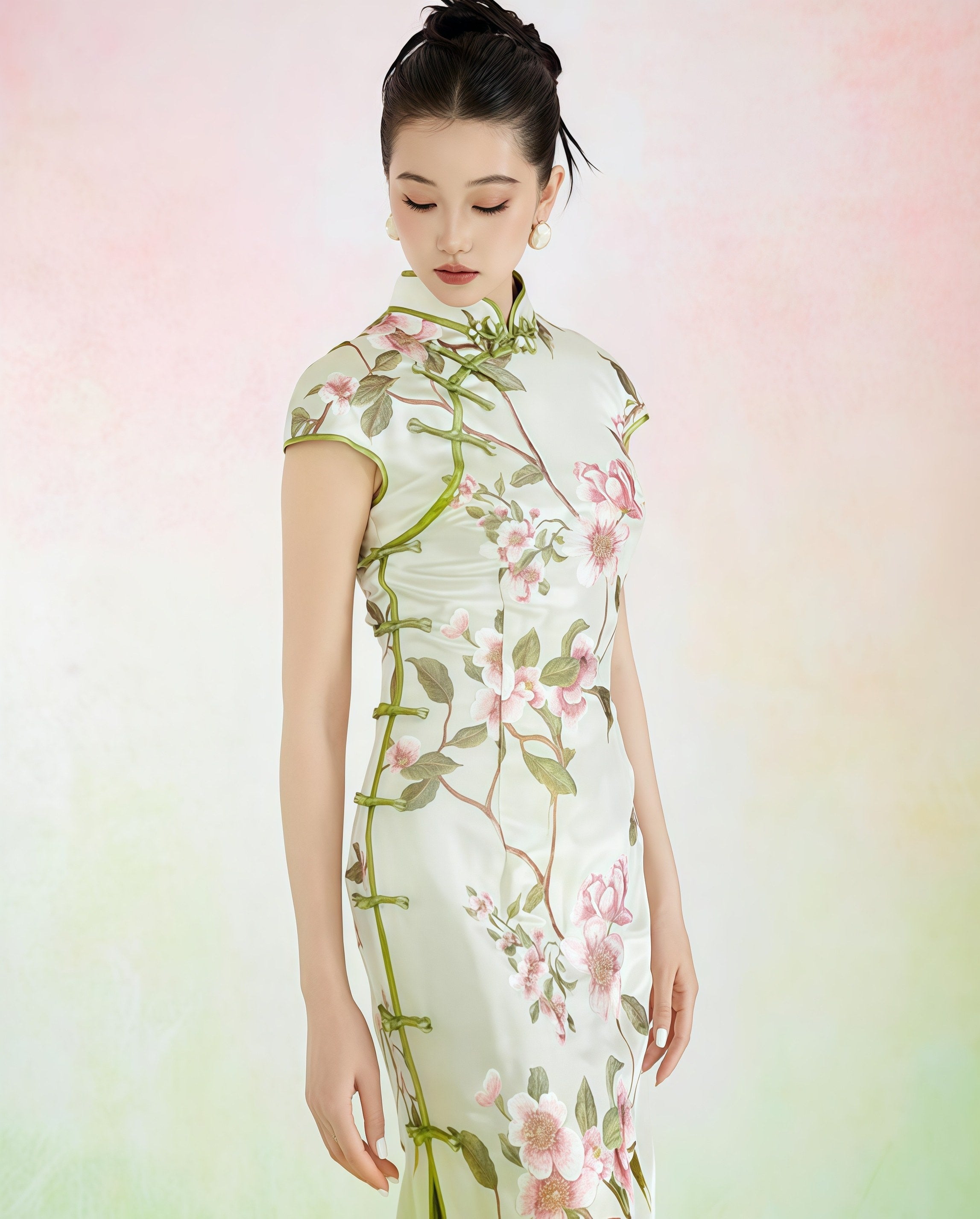 Ivory Botanical Print Cheongsam Dress