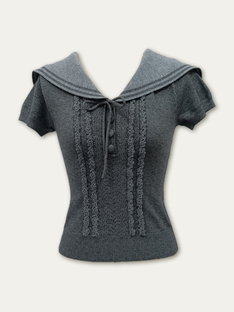 Navy Collar Lace Knit Dress - CHINASQUAD