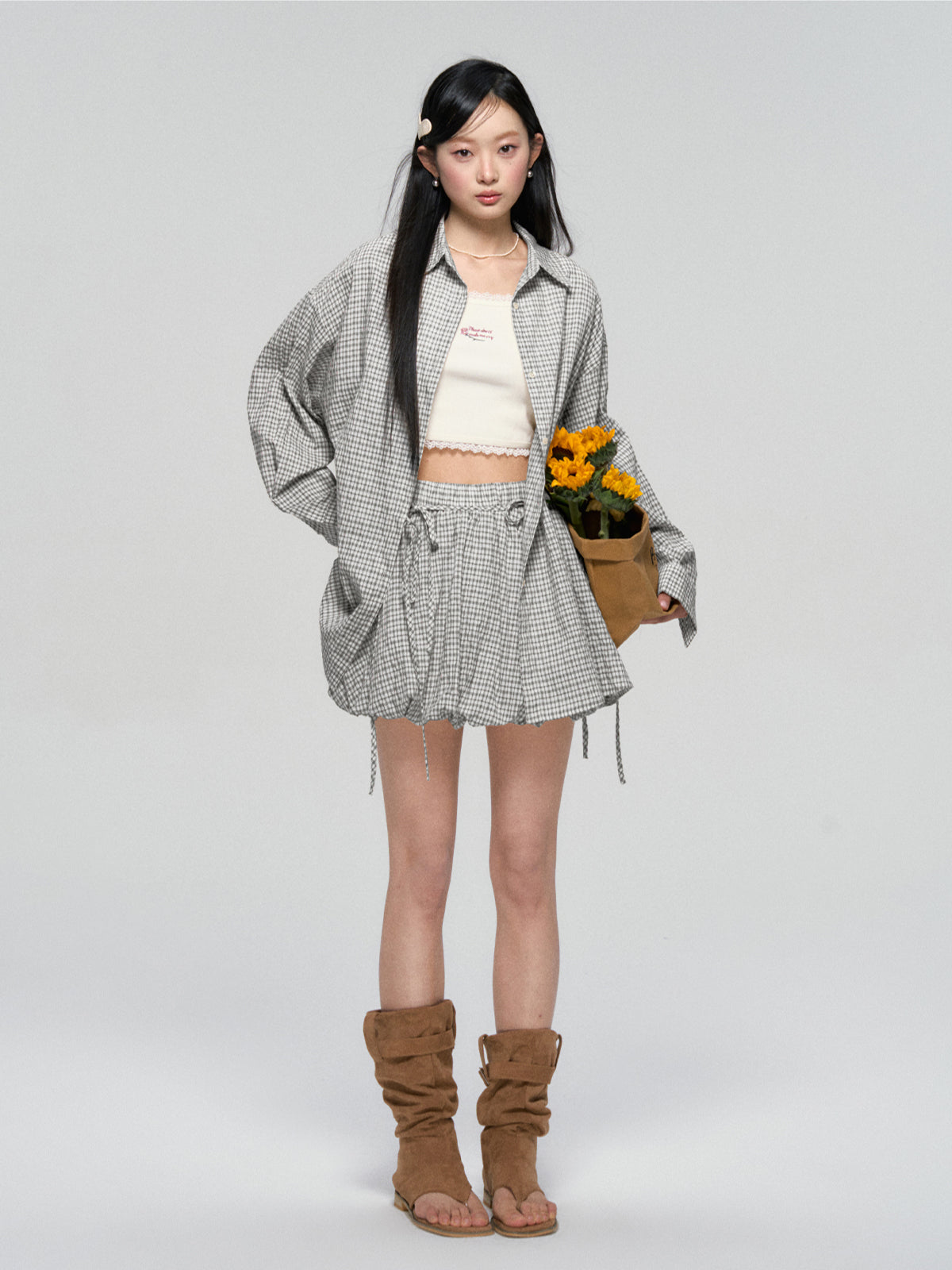 Khaki & Black Retro Check Shirt & Skirt Set - CHINASQUAD