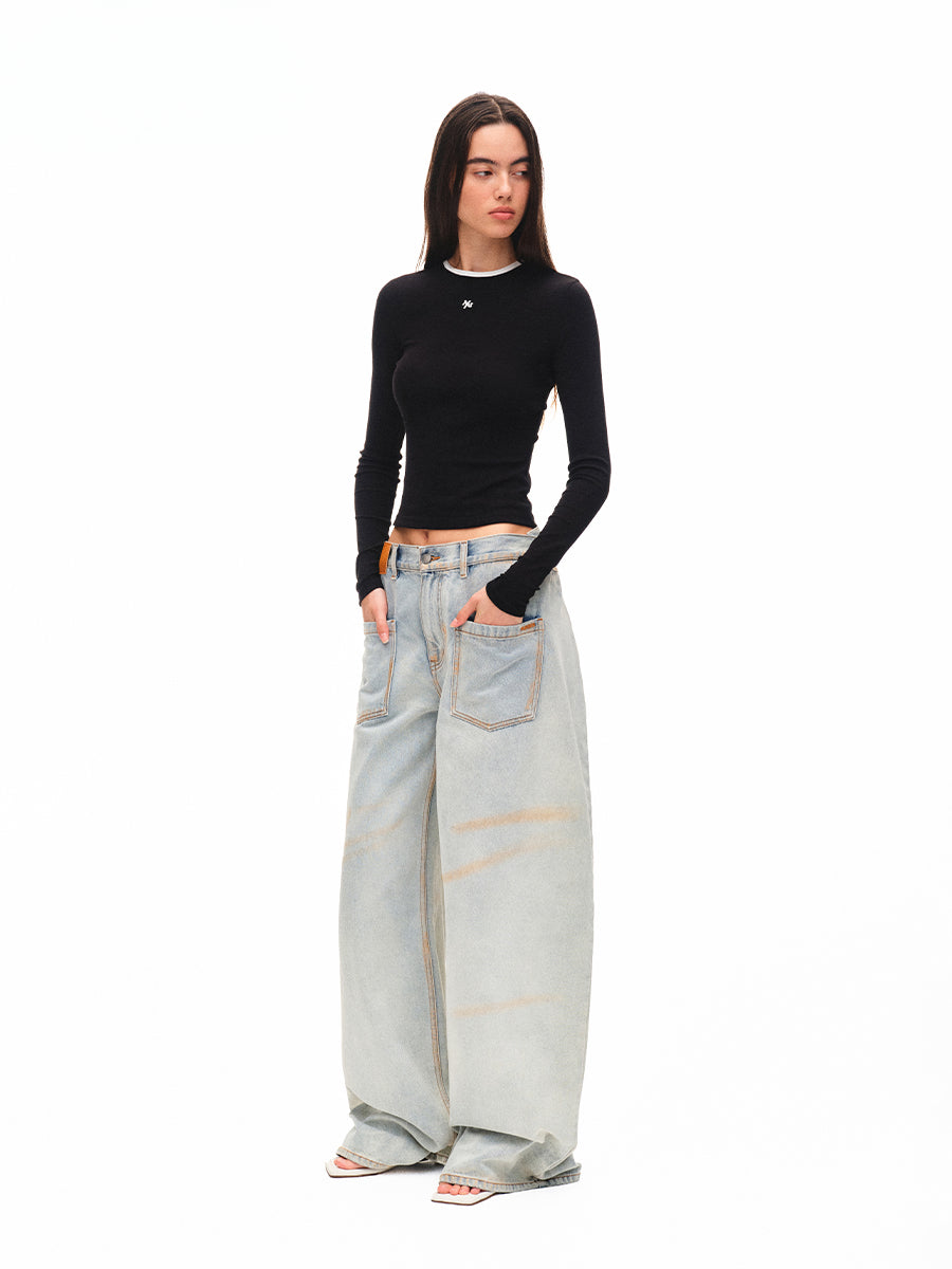 Contrast-trim Regular-shoulder Long-Sleeve T-shirt - CHINASQUAD