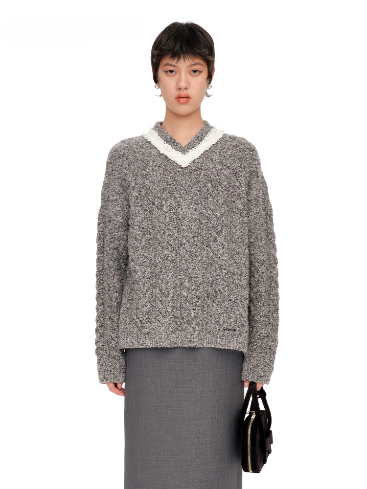 Gray & Brown V-Neck Cable Knit Pullover - CHINASQUAD