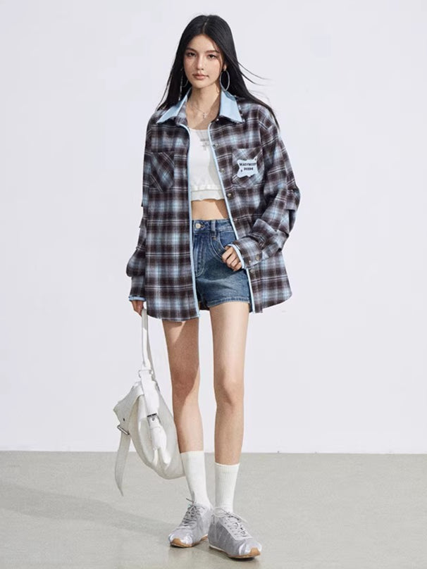 Vintage Contrast Embroidered Plaid Shirt