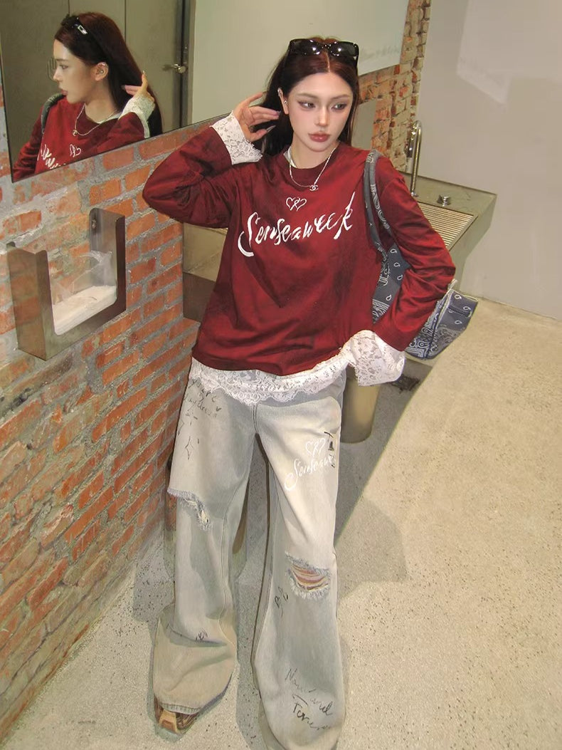 Graffiti Spray-Wash Wide-Leg Denim Jeans