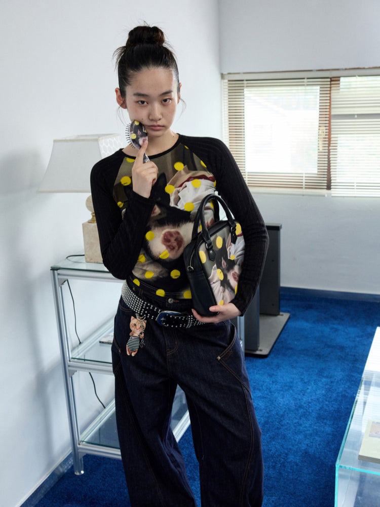 Cat Print Raglan Sleeve Color-Blocking T-Shirt - CHINASQUAD