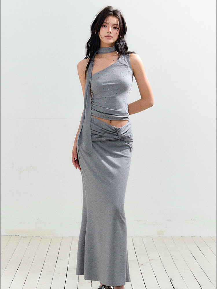 Rhinestone One-Shoulder Knit Vest & Skirt Set - CHINASQUAD