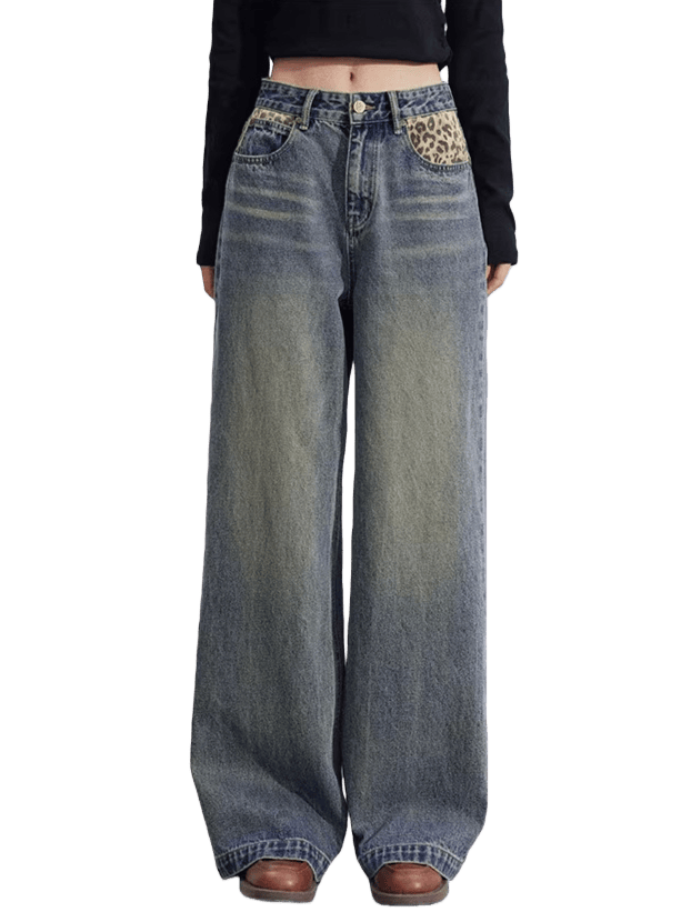 Leopard-Print Panelled Wide-Leg Denim Pants