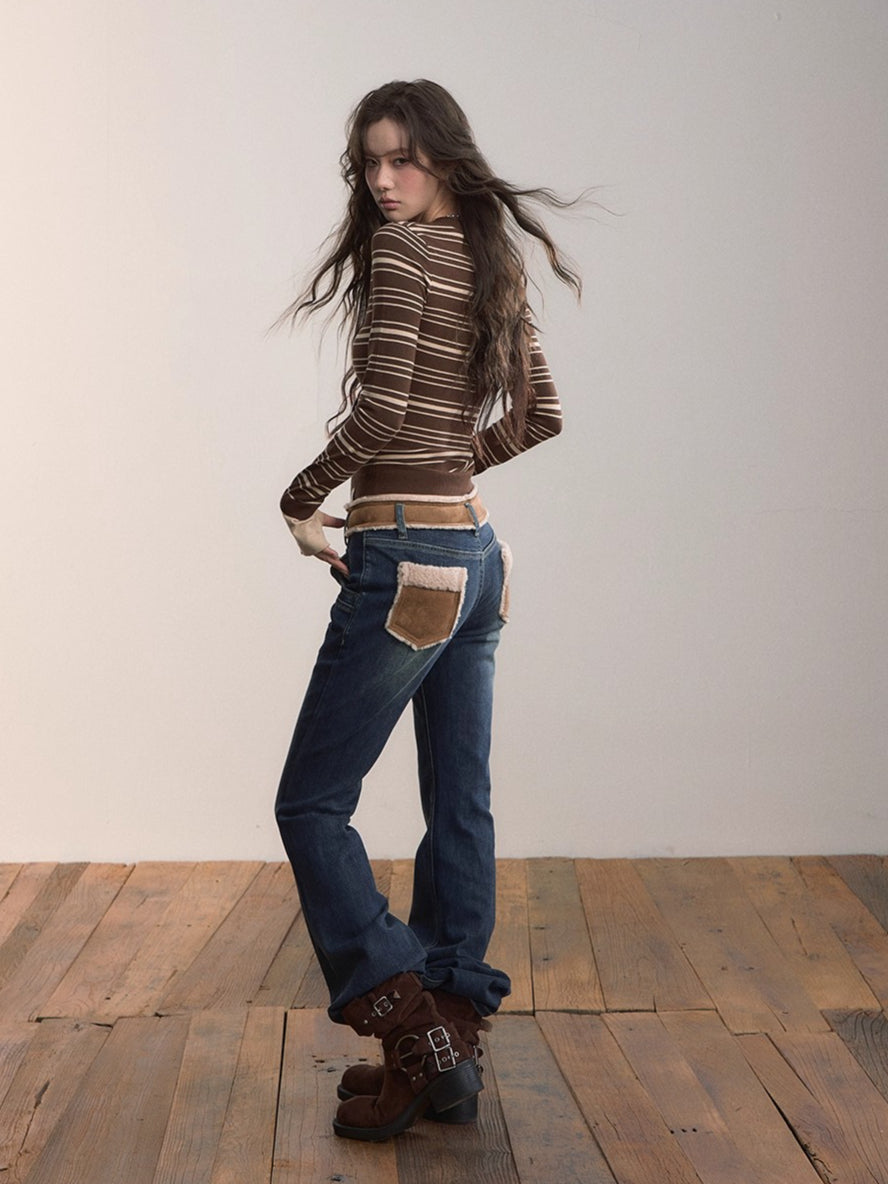 Contrast Panel Faux Fur Waist  Flare Jeans