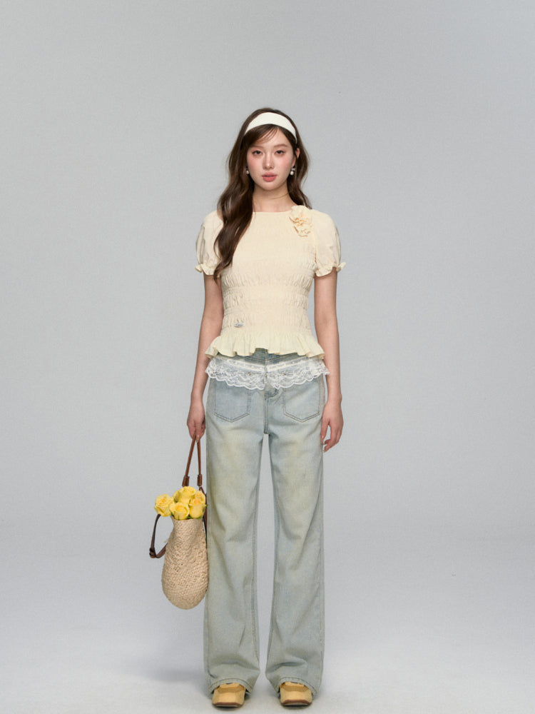 Three-Dimensional Flower Pleated Short-Sleeve Blouse - CHINASQUAD