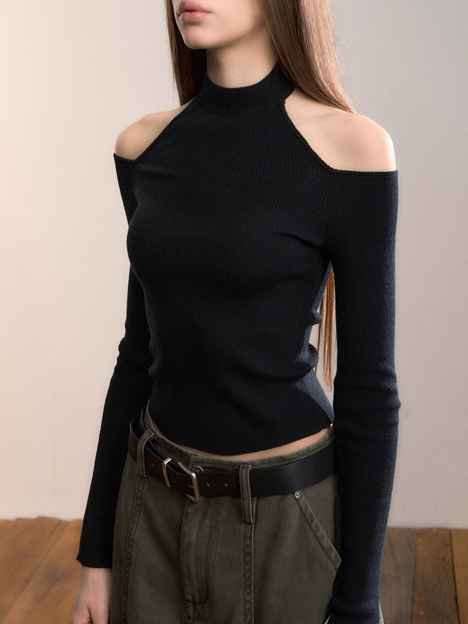 Reversible Cold-Shoulder Knit Turtleneck