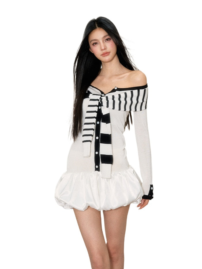 Off-Shoulder Striped Tie Midi Dress - CHINASQUAD