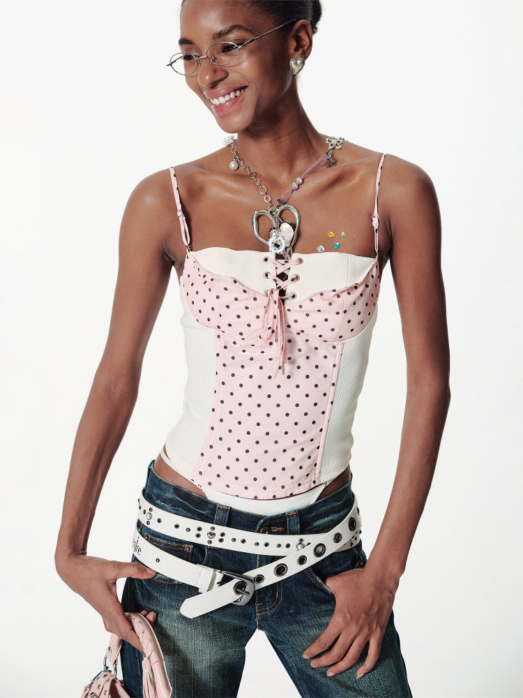 Strappy Contrast Polka Dot Plaid Cami - CHINASQUAD