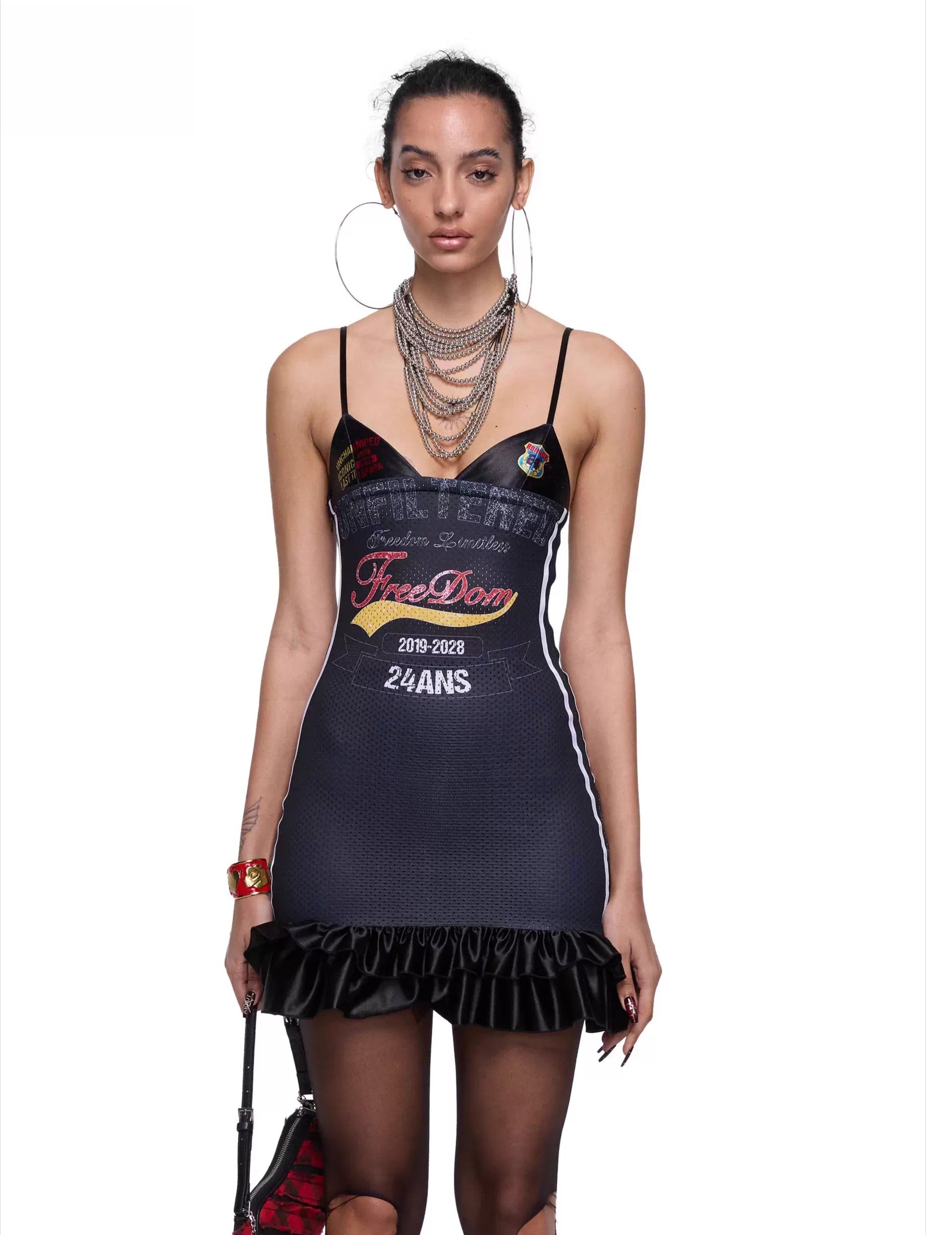 Letter-Print Lace-Trim Jersey Strap Dress