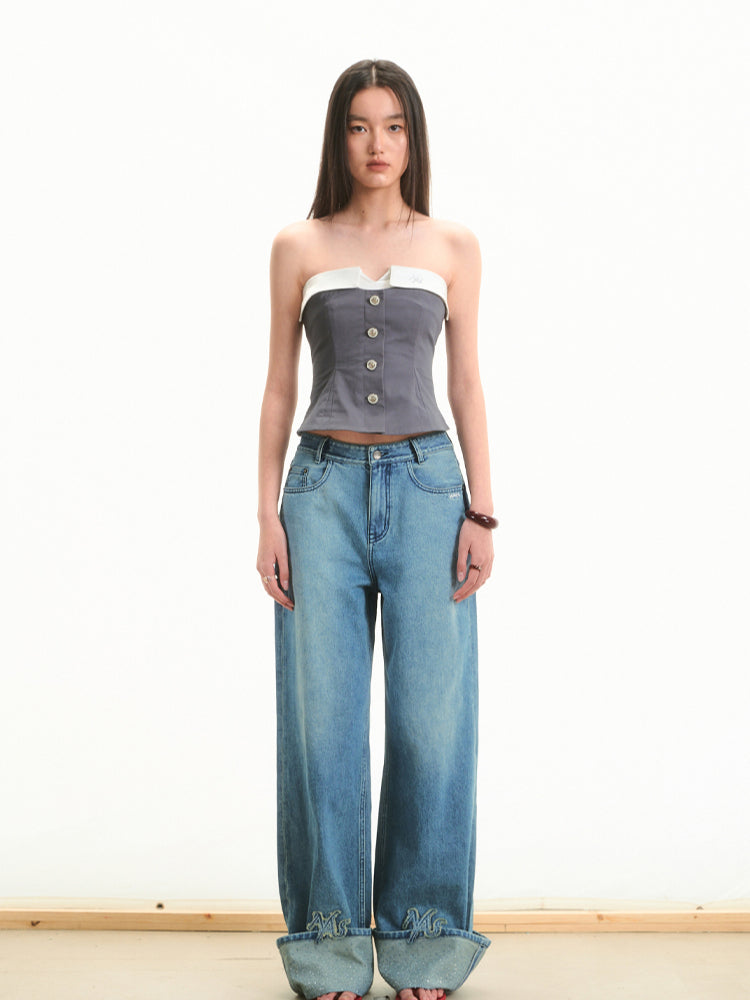 Fake Two-Piece Color Block Mermaid Strapless Top - CHINASQUAD