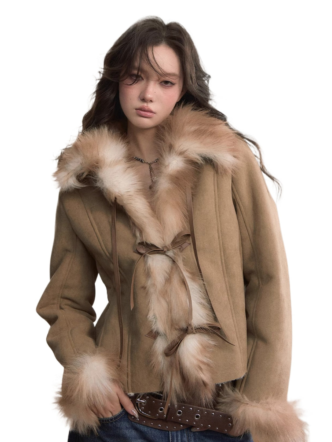 Faux Shearling Bow-Tie Collar Jacket