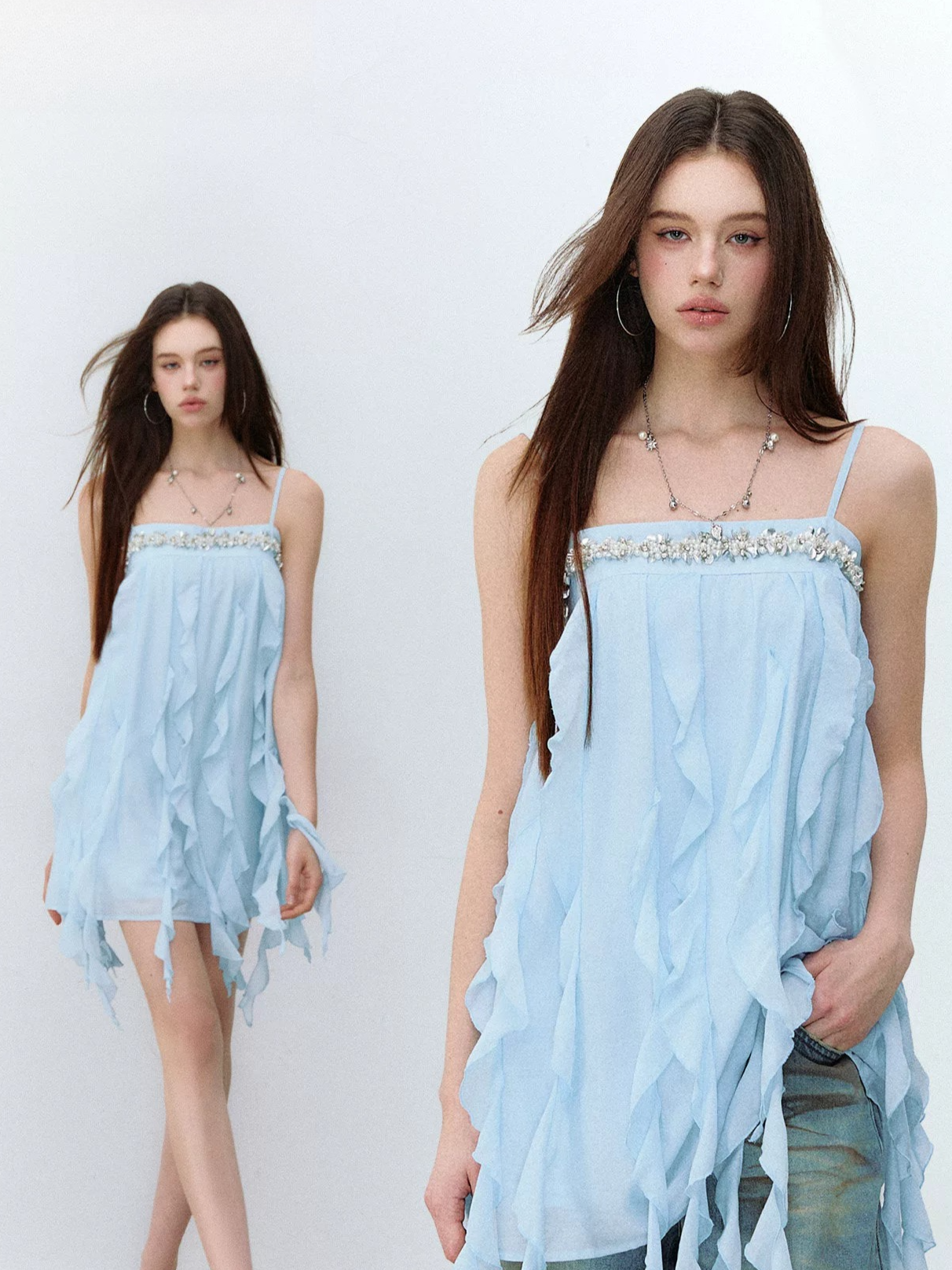 Beaded Trim Flowing Acetate Slip Dress
