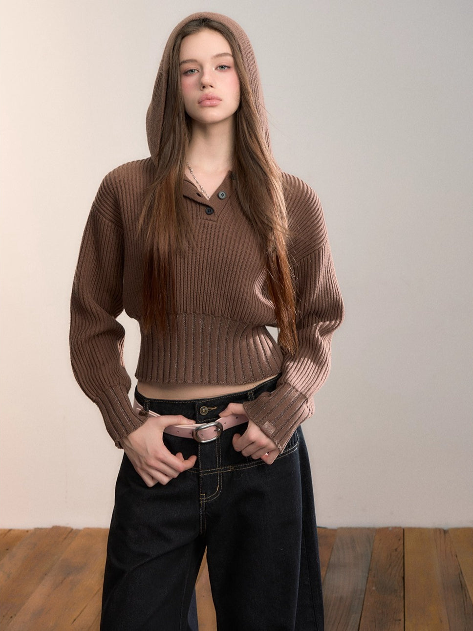 Ribbed Hooded Knit Pullover Sweater