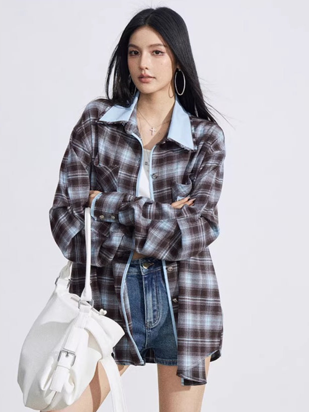 Vintage Contrast Embroidered Plaid Shirt