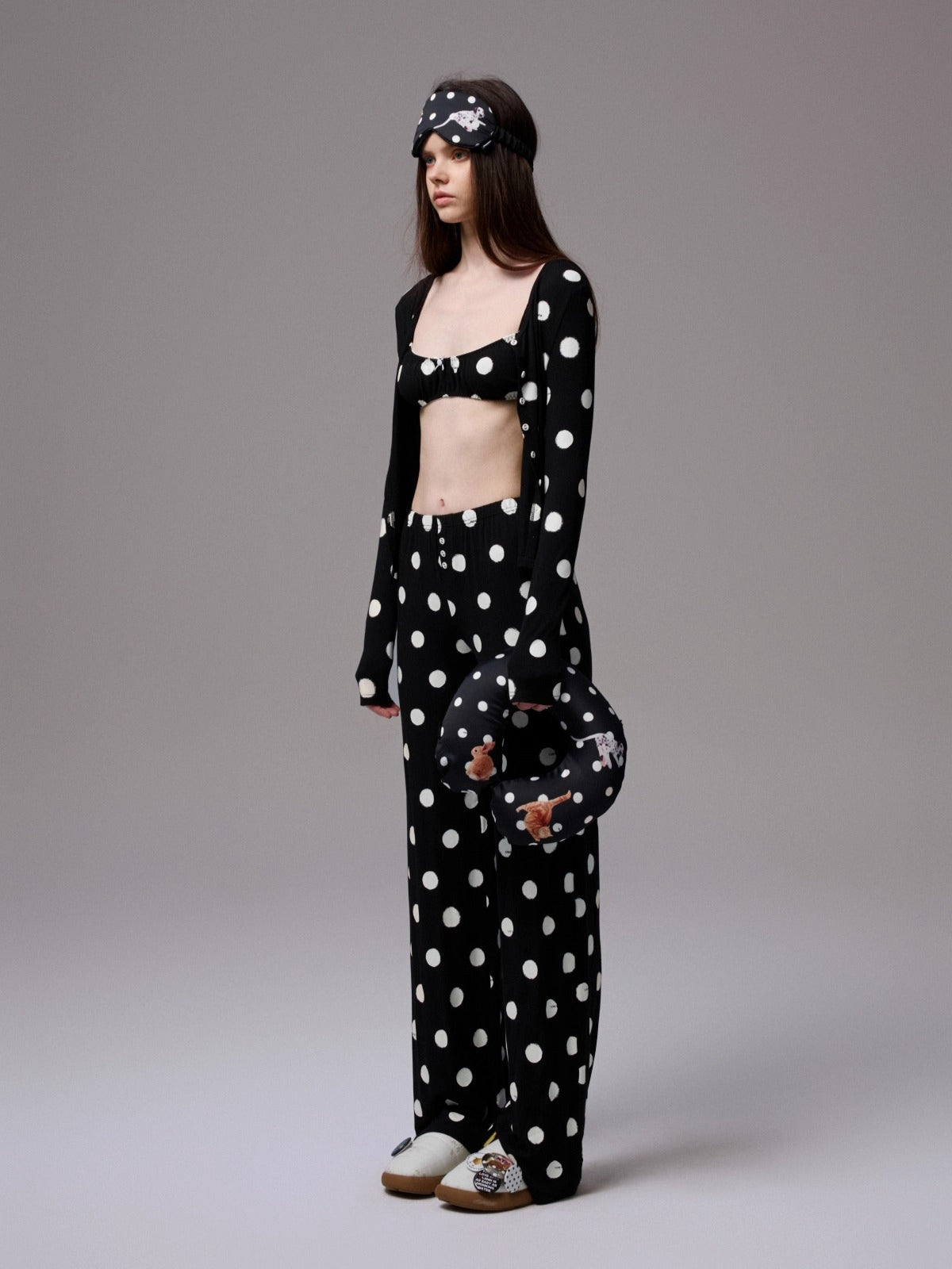 Polka Dot Contrast Knit Cardigan & Lounge Pants Set