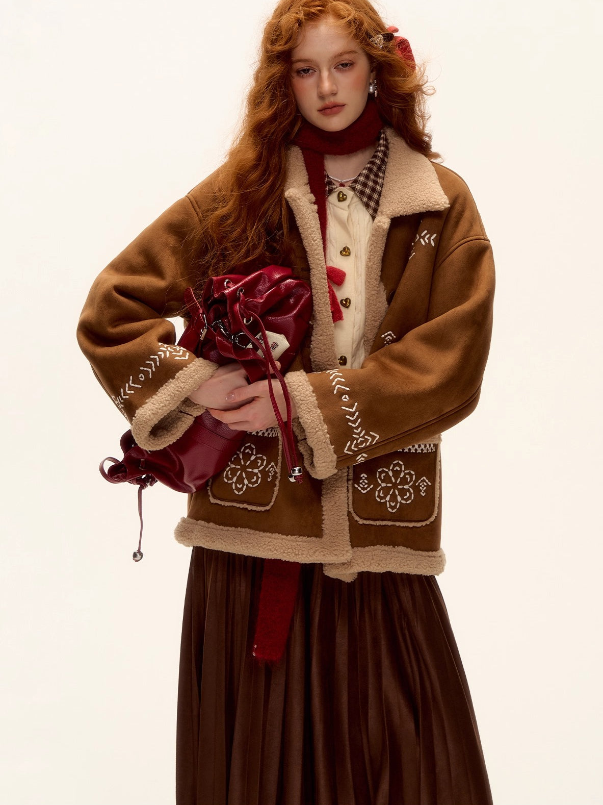 Heavy Embroidered Faux Shearling Suede Jacket