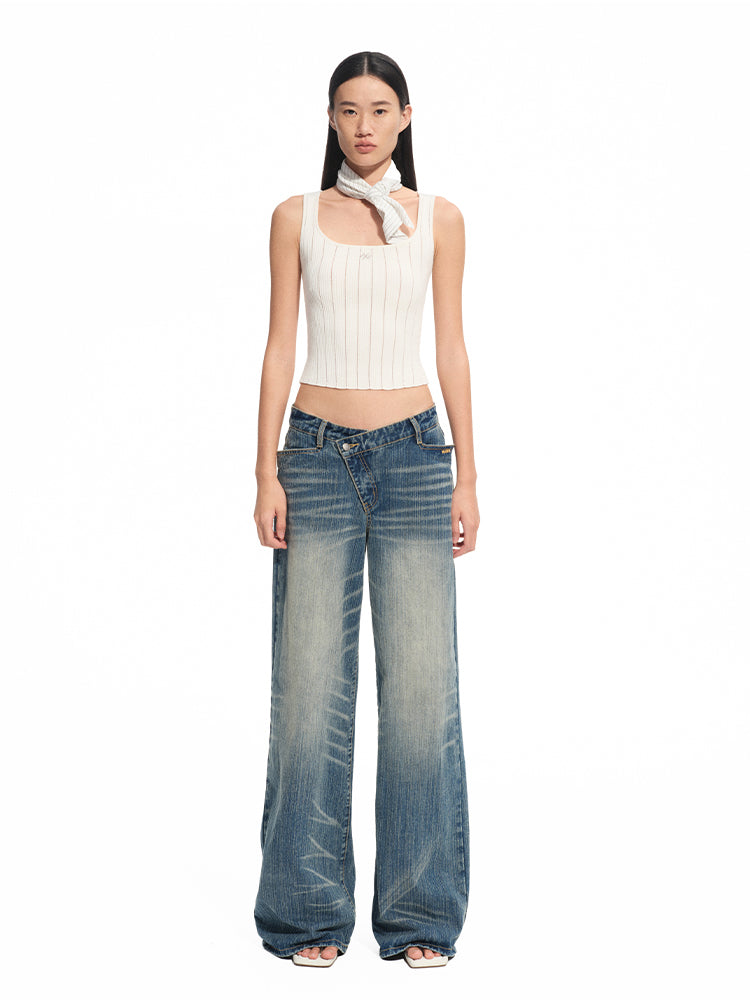 Washed Denim Low-waist Wide-leg Pants - CHINASQUAD