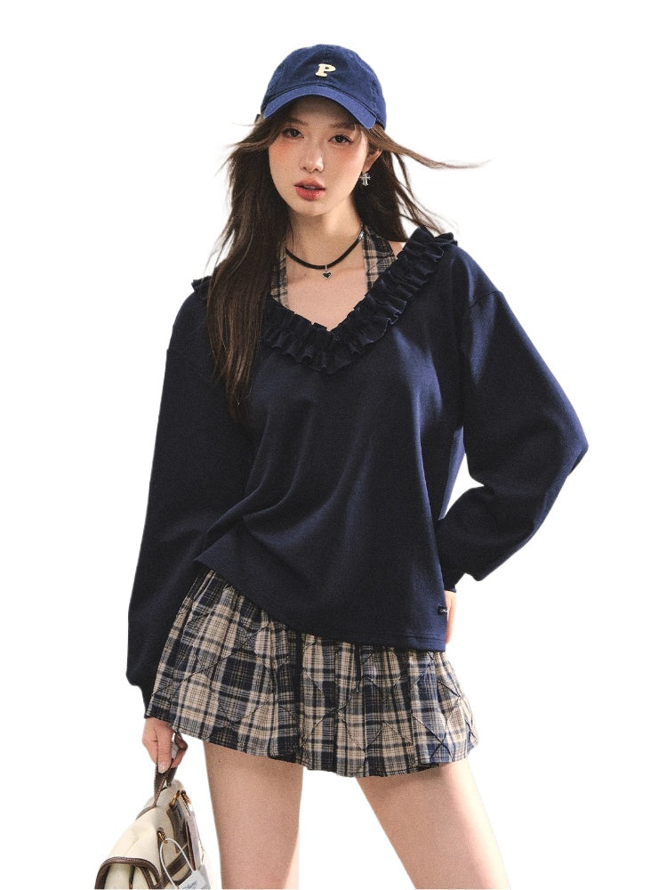 V-neck Ruffle Plaid Spliced Halter Sweatshirt - CHINASQUAD