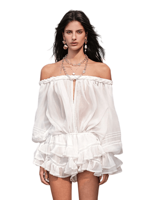 Off-Shoulder Printed Chiffon Layered Dress