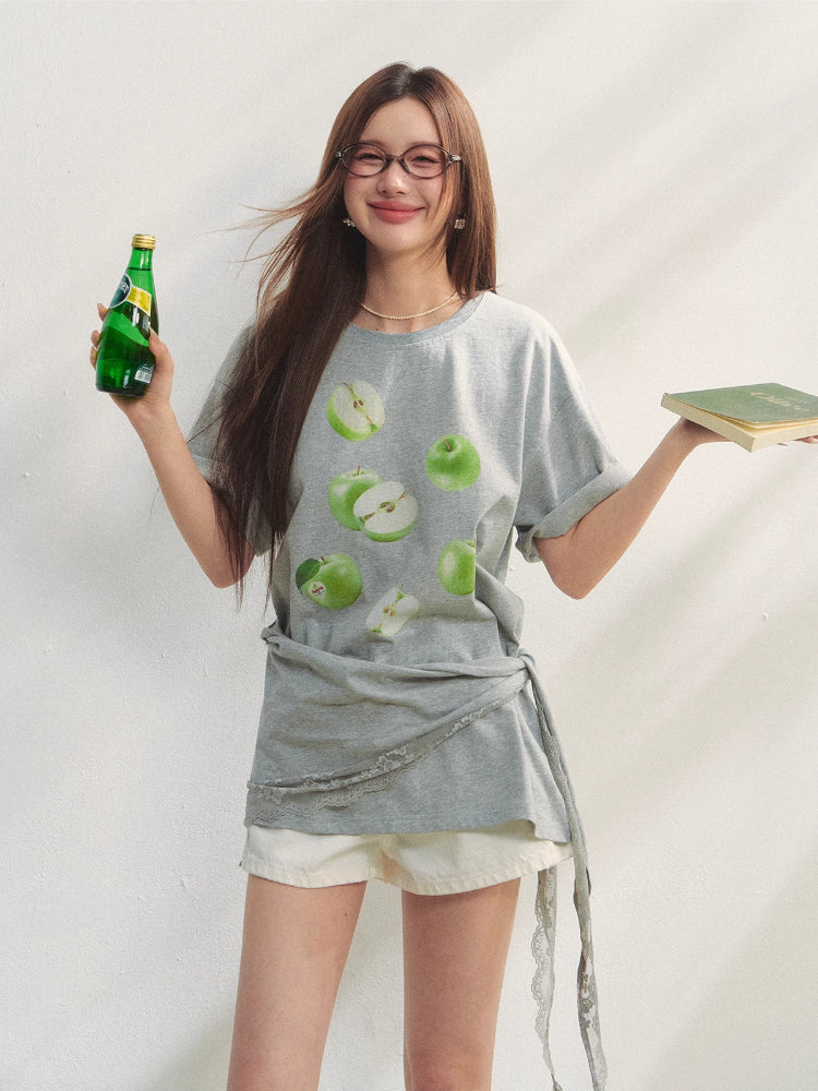 Fruit Print Lace-Trimmed Tie-Up T-shirt