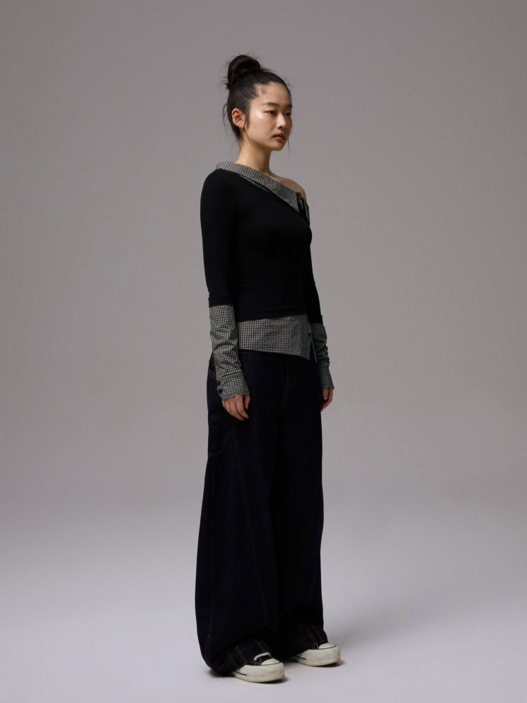 Asymmetric Collar Fake Two-Piece Fitted Blouse - CHINASQUAD