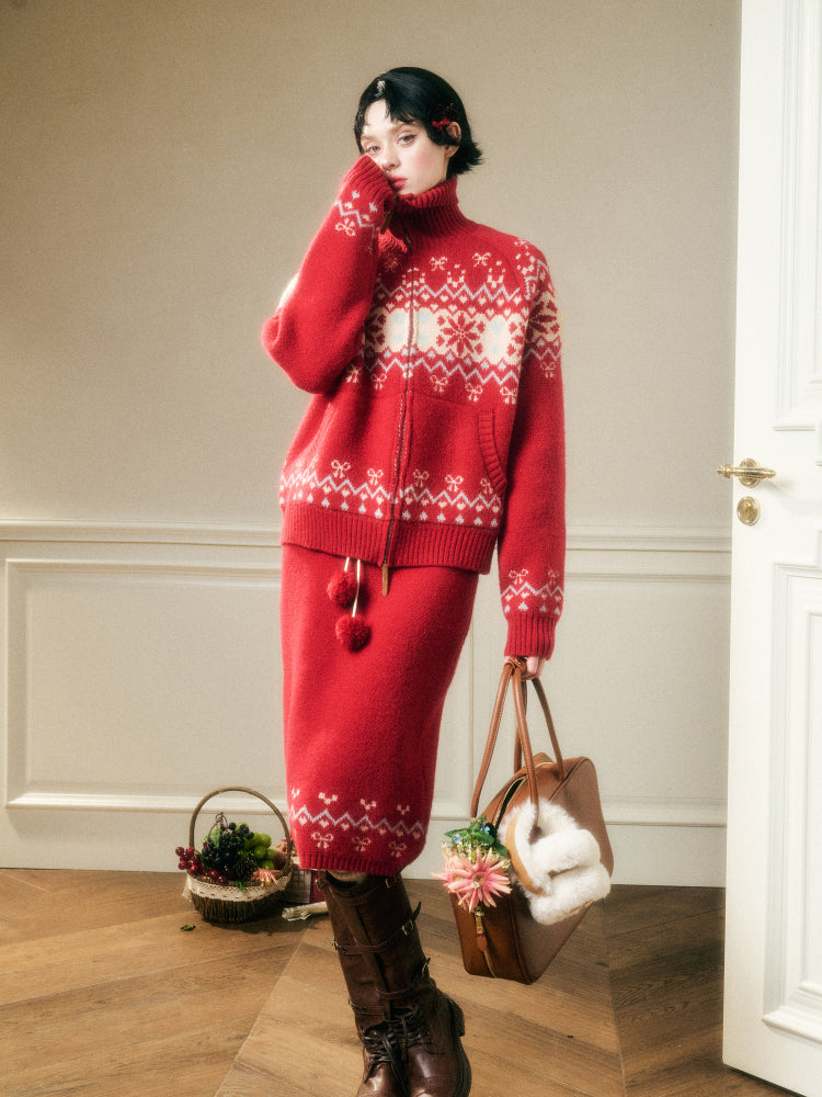 Warm Fabric Color Block Sweater & Skirt Set - CHINASQUAD