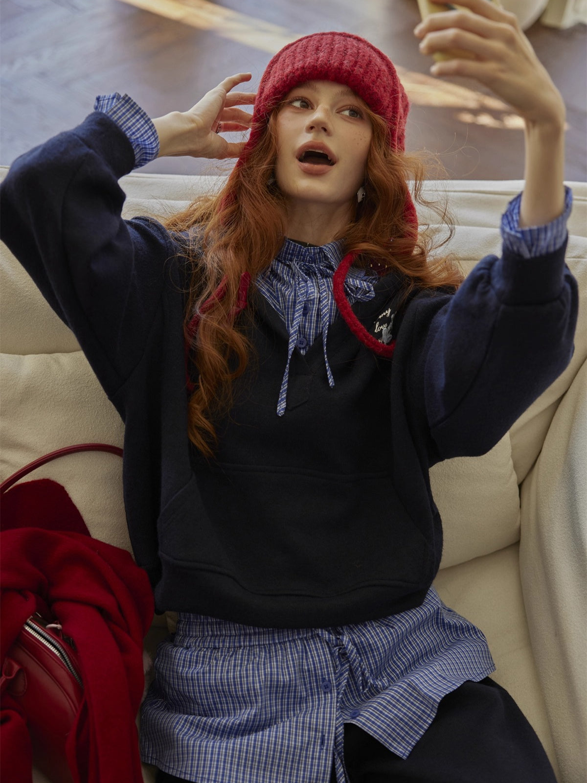 Three-Piece Set Plaid Patchwork Layered Sweatshirt & Bottom Set - CHINASQUAD