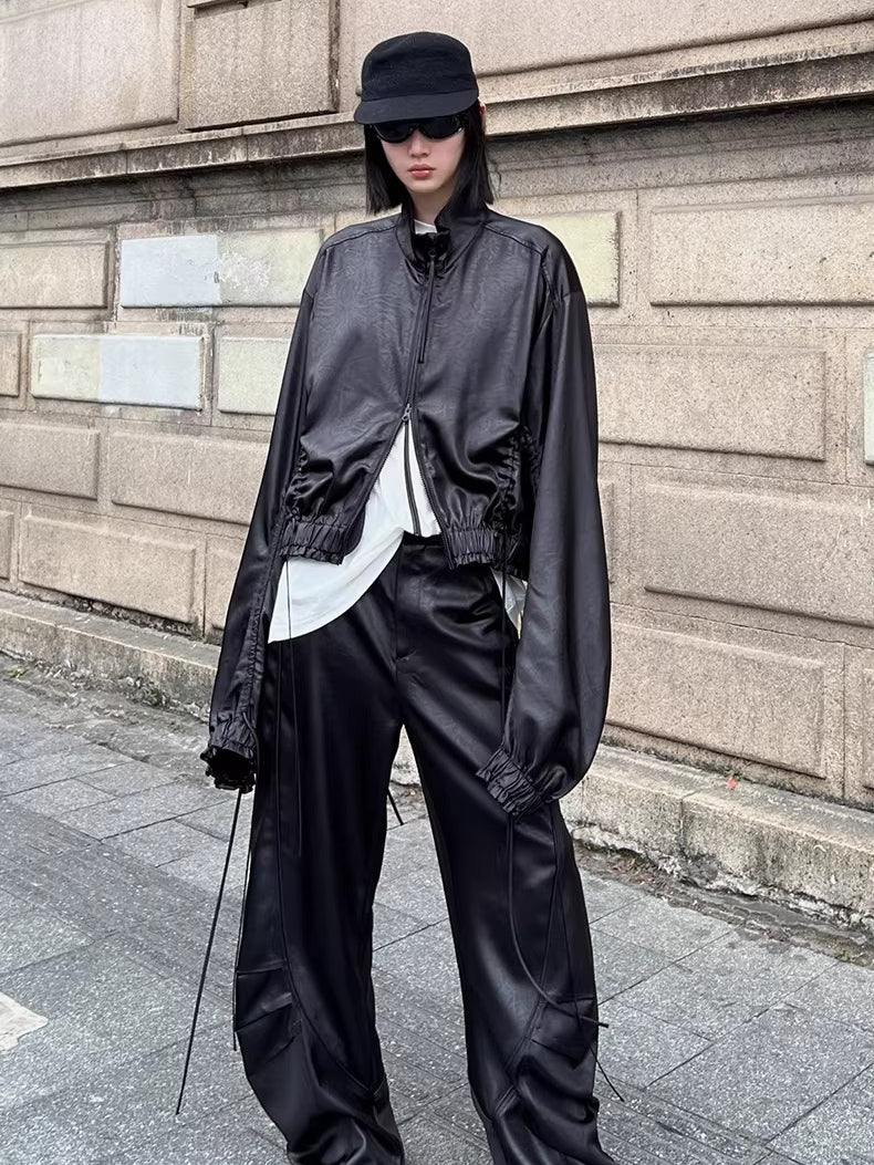 Leather-Texture Athletic Zip Jacket