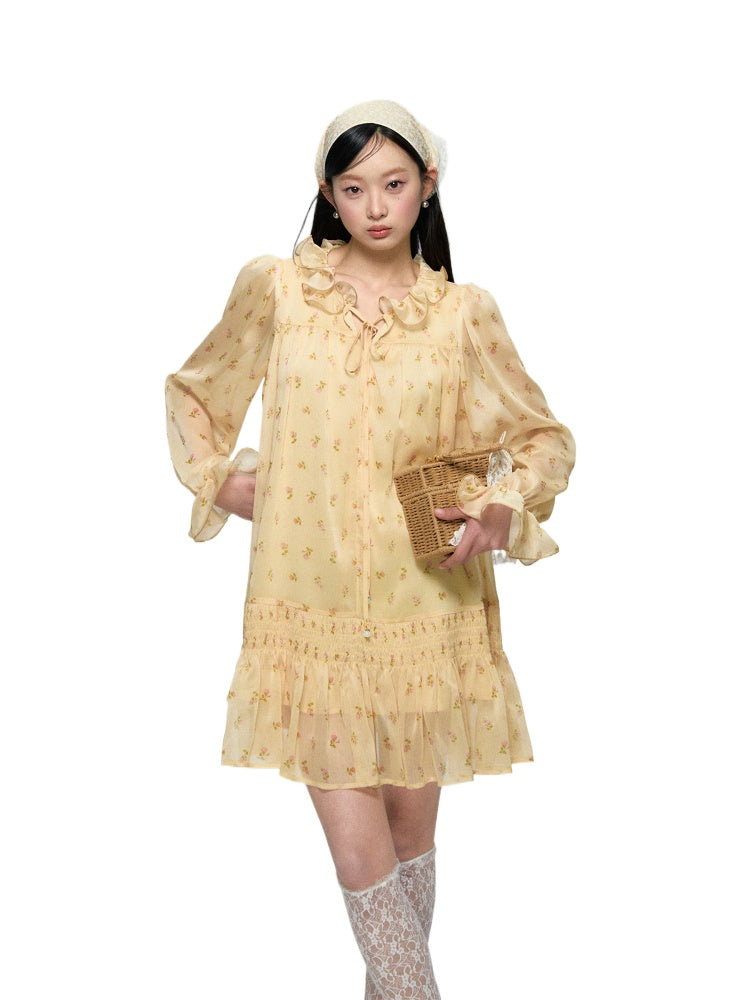 Ruffled Floral Long Sleeve Dress - CHINASQUAD