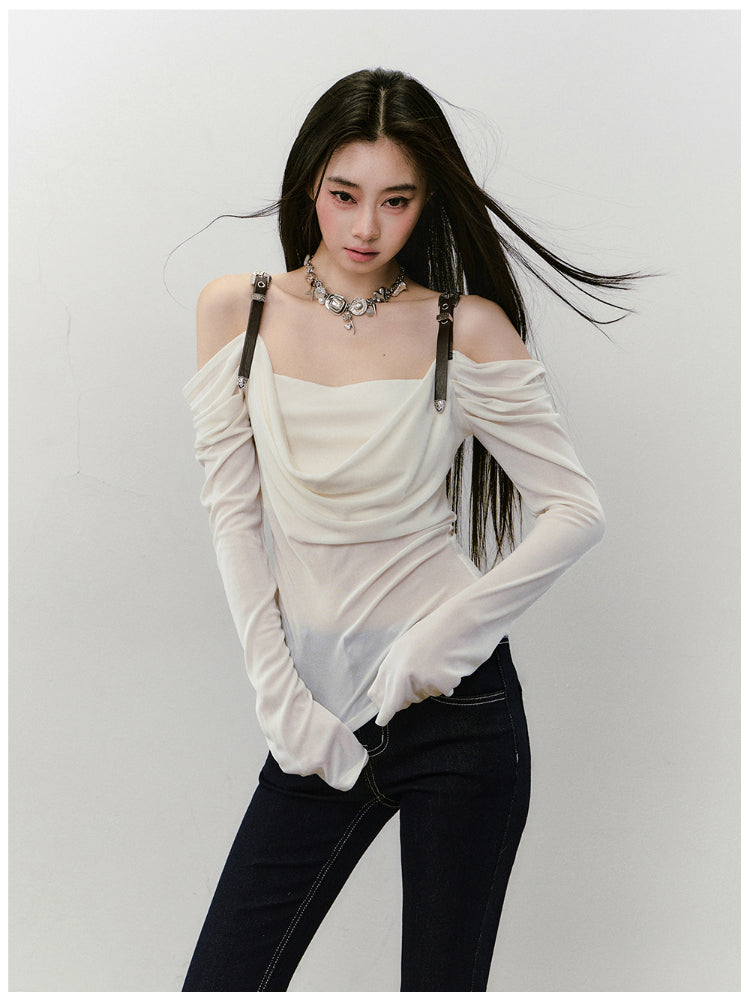 Draped Neck Leather Strap Acetate One-shoulder T-shirt - CHINASQUAD