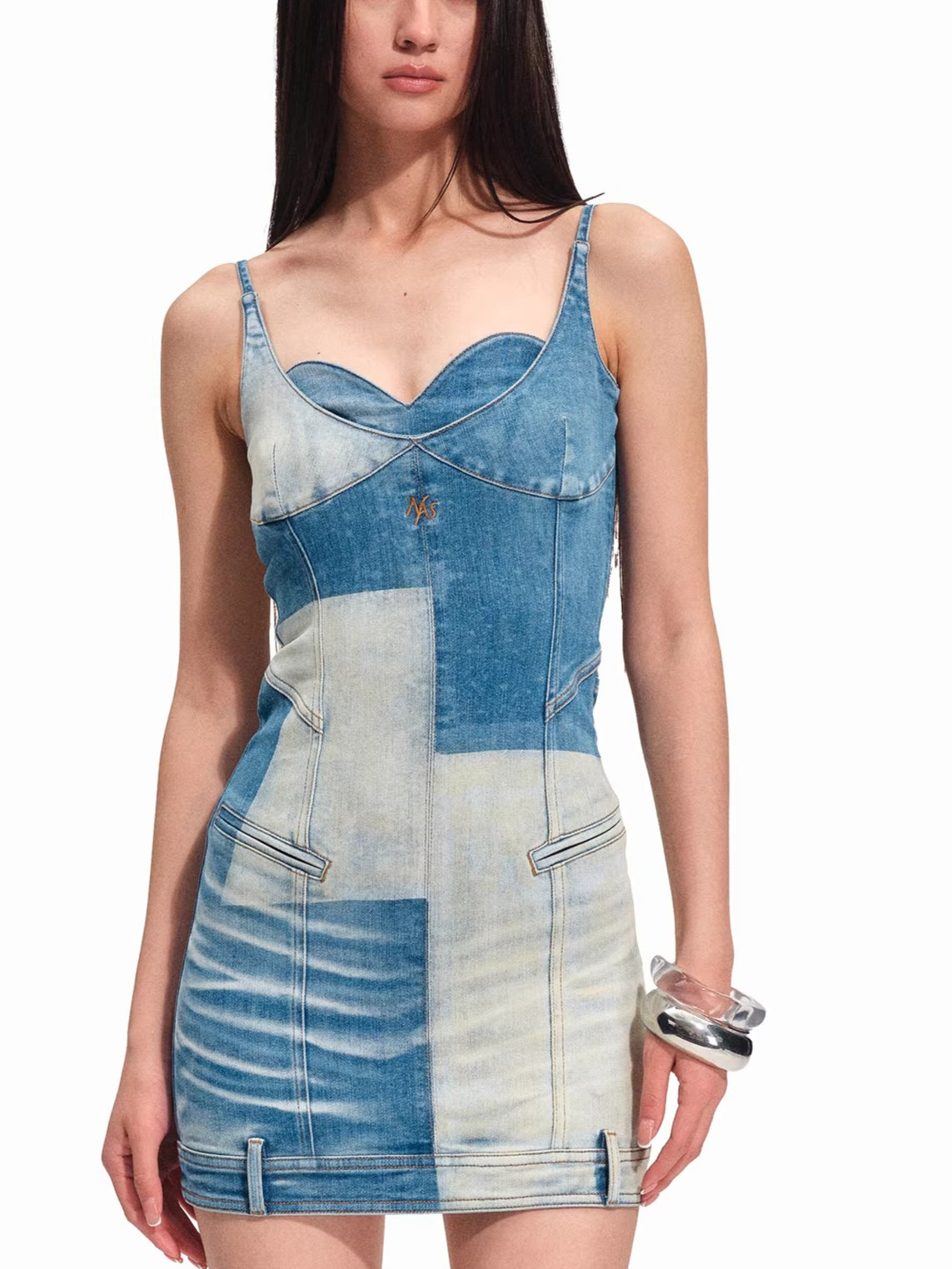 Equestrian Contrast Panel Denim Slip Dress