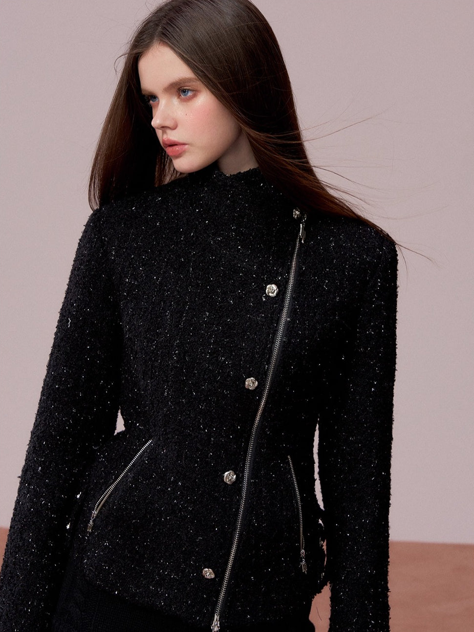 Rose-Button High-Neck Fitted Jacket