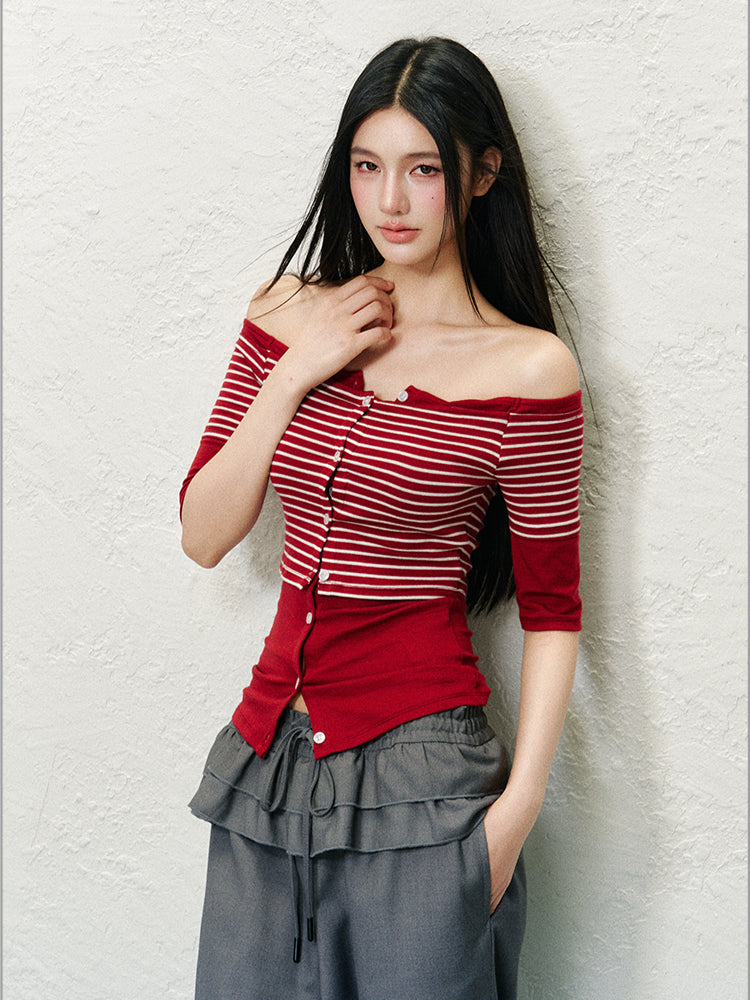 Off-Shoulder Fake Two-piece Color Block T-shirt - CHINASQUAD