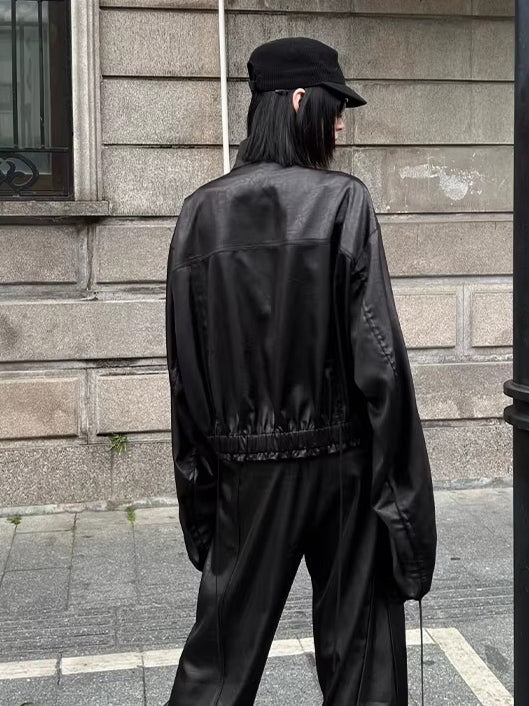 Leather-Texture Athletic Zip Jacket