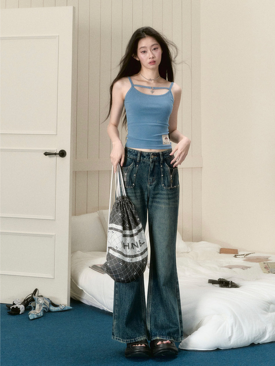 Dark Blue Straight-Leg Flared Jeans - CHINASQUAD