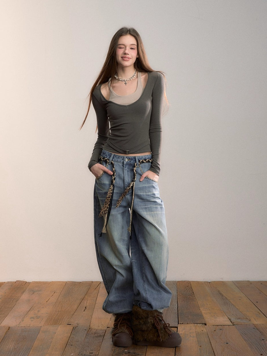 Belted Contrast Panel Knit Layered T-Shirt