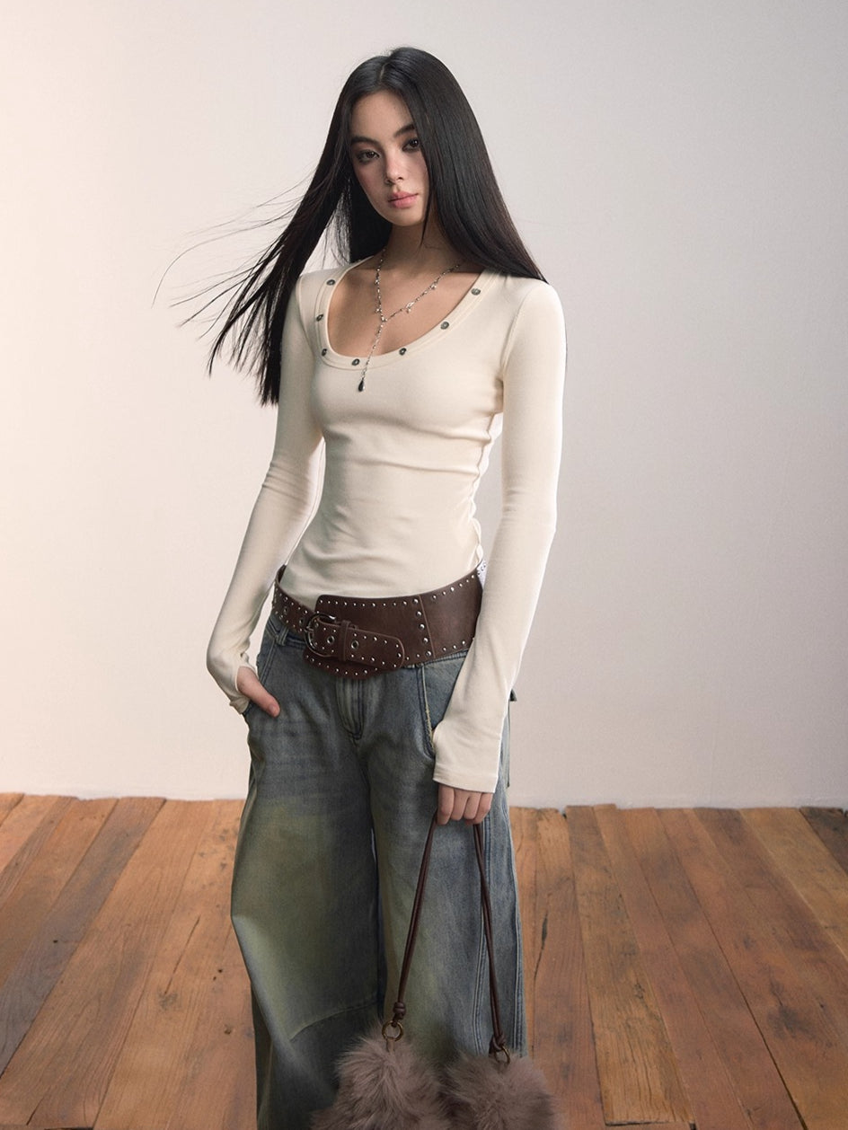 Studded Asymmetric U-Neck Knit T-Shirt