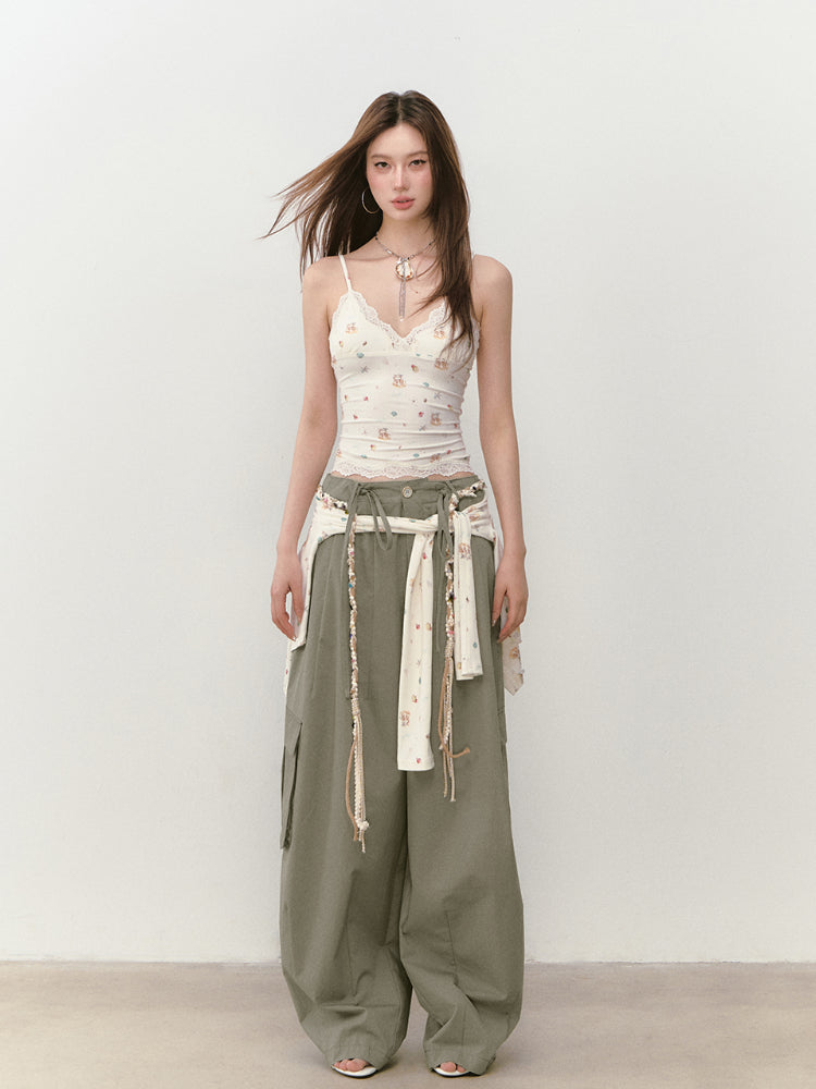 Wide-Leg Beaded Cargo Large Pockets Pants - CHINASQUAD