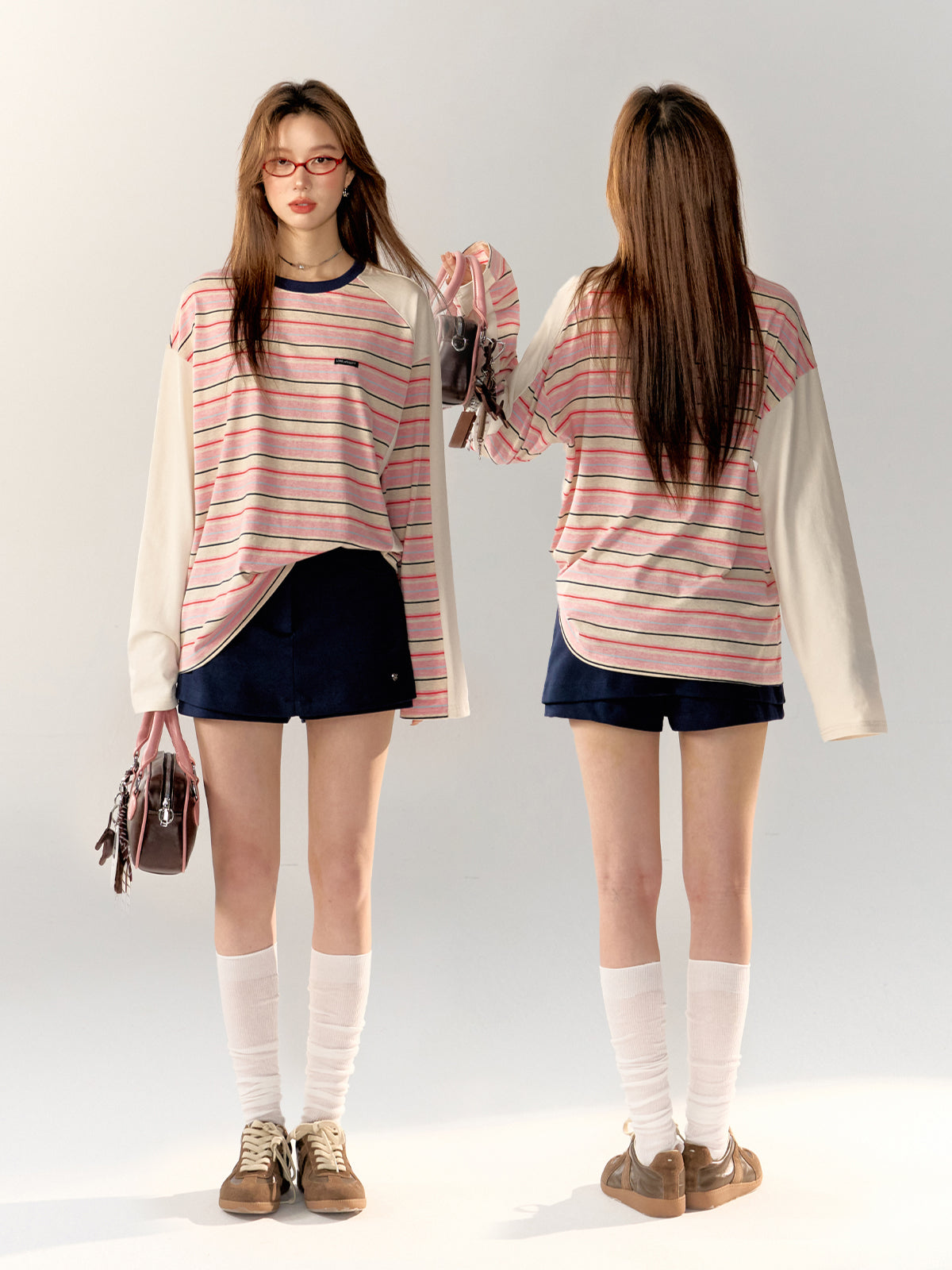 Pink Color-Block Striped Oversized T-shirt - CHINASQUAD