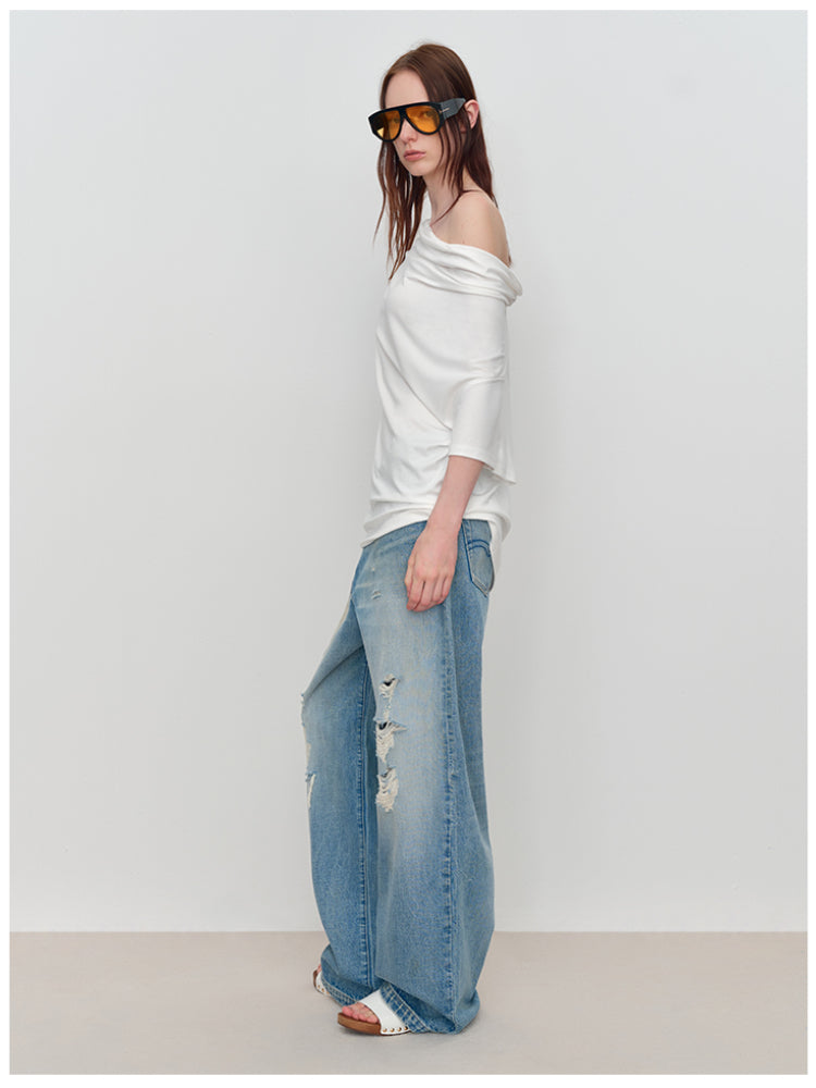 Slant One-Shoulder Swing Neck T-Shirt