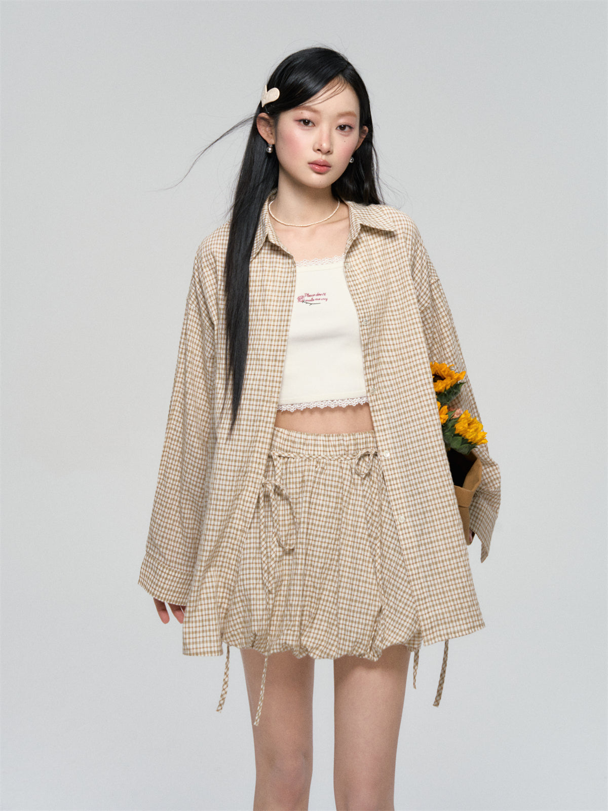 Khaki & Black Retro Check Shirt & Skirt Set - CHINASQUAD