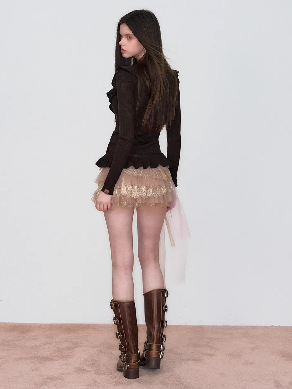 Faux Ruffle Detail Layered Knit Top