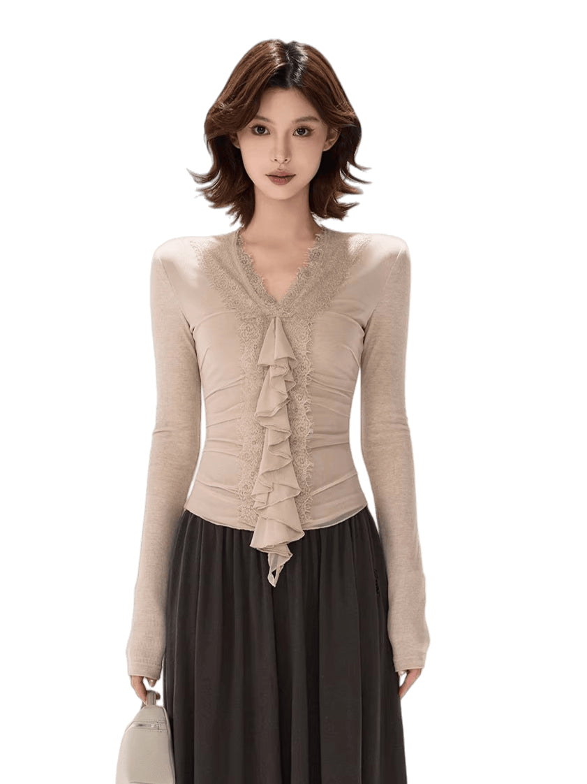 Elegant Lace Ruffle Knit V-Neck Top
