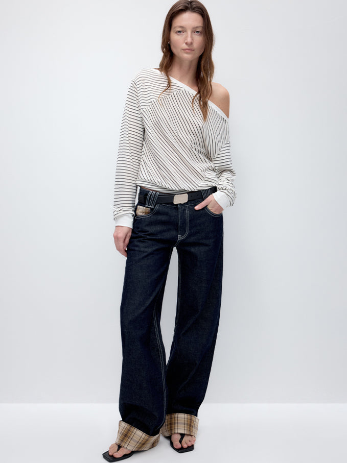 Blue Plaid Patchwork Straight-Leg Jeans - CHINASQUAD
