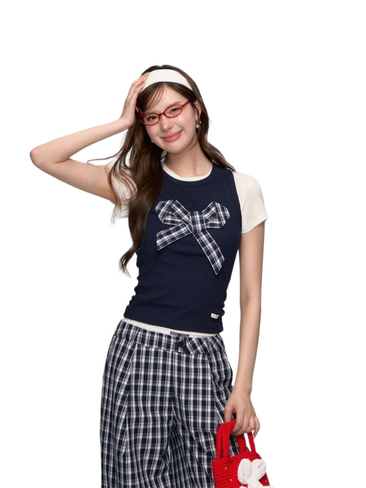 Checkered Bow Contrast Color Short - Sleeve Set - CHINASQUAD